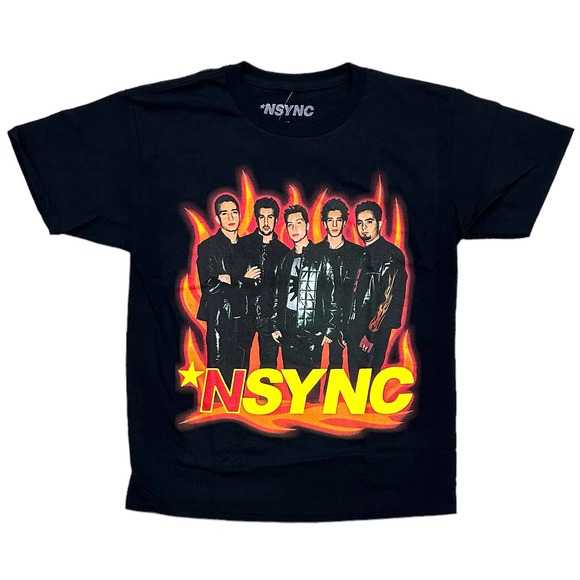 NSYNC Pop Boy Band Men's Officially Licensed Puff Print Logo Flame Tee T-Shirt - Picture 1 of 1